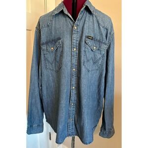 Wrangler Mens XL Denim Western Shirt Long Sleeve Pearl Snap Medium Wash/Cowboy